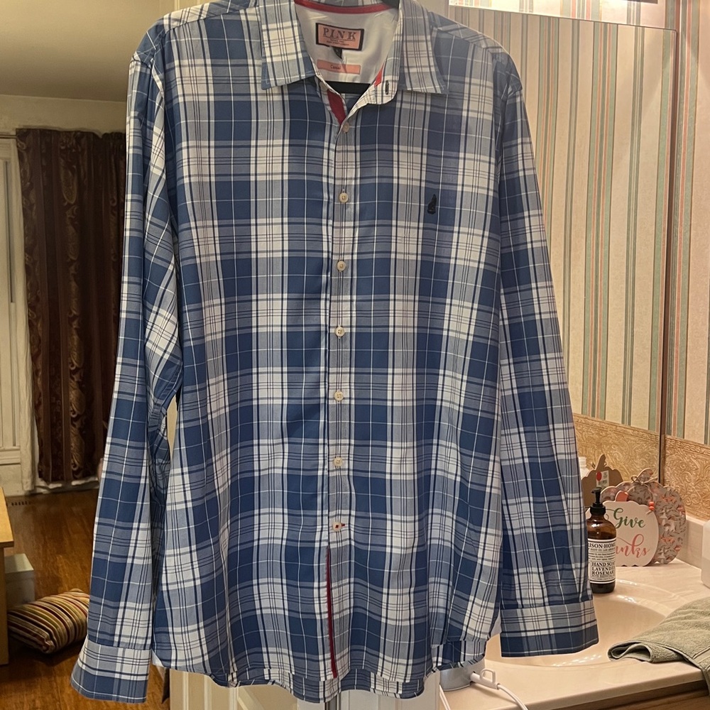 Thomas PINK Blue & White Plaid Shirt
Size Large